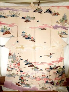 Vintage Silk Kimono with Pastel Landscape Motif